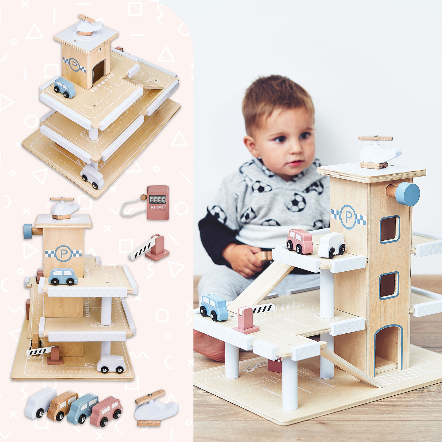 Drevené trojpodlažné parkovisko s výťahom - garáž s autami a vrtuľníkom