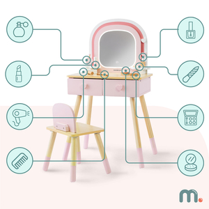 Drevený toaletný stolík pre deti s LED osvetlením s plynulým nastavením jasu, stoličkou a príslušenstvom