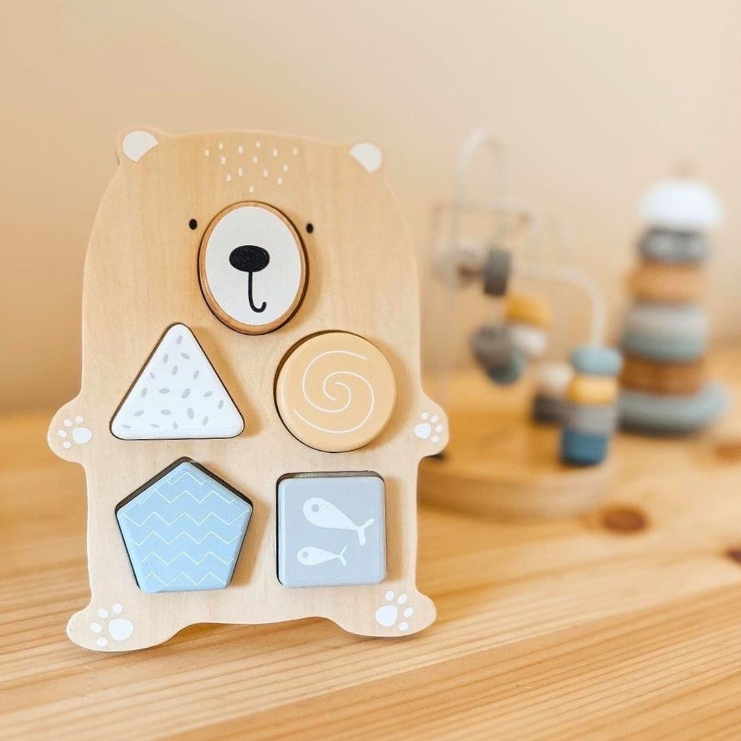 Súprava drevených hračiek - farebné prepletanie, pyramída z tuleňov, triedička medvedíkov