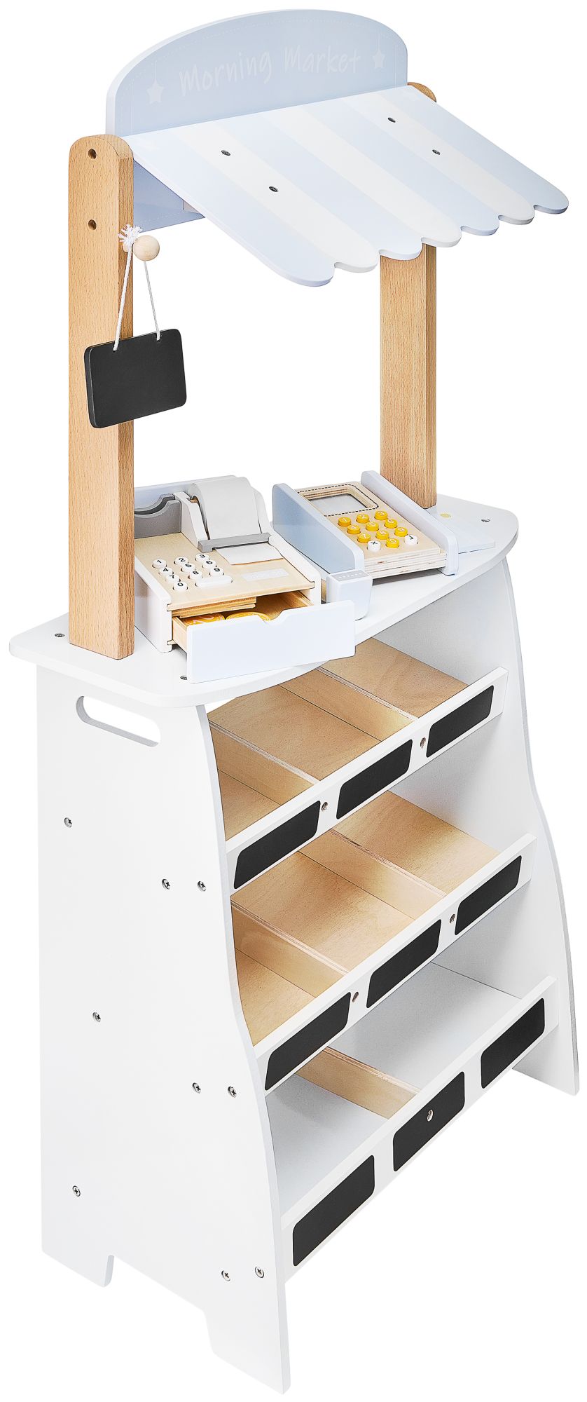 Obchod so zeleninou - drevený stánok s debničkami, pokladňou a terminálom