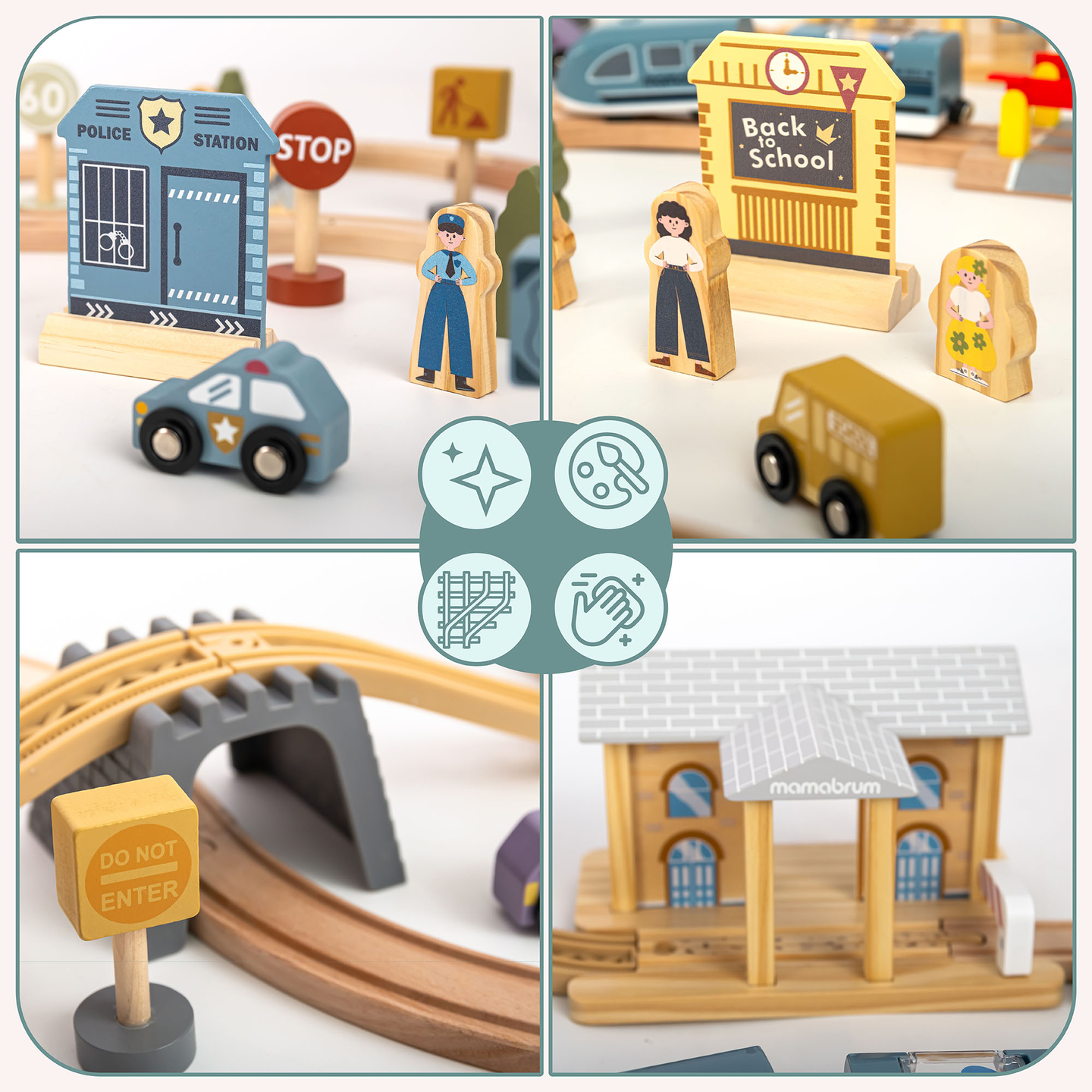 Drevená mestská železnica s elektrickým vlakom - pohybujúci sa žeriav, loď, mosty