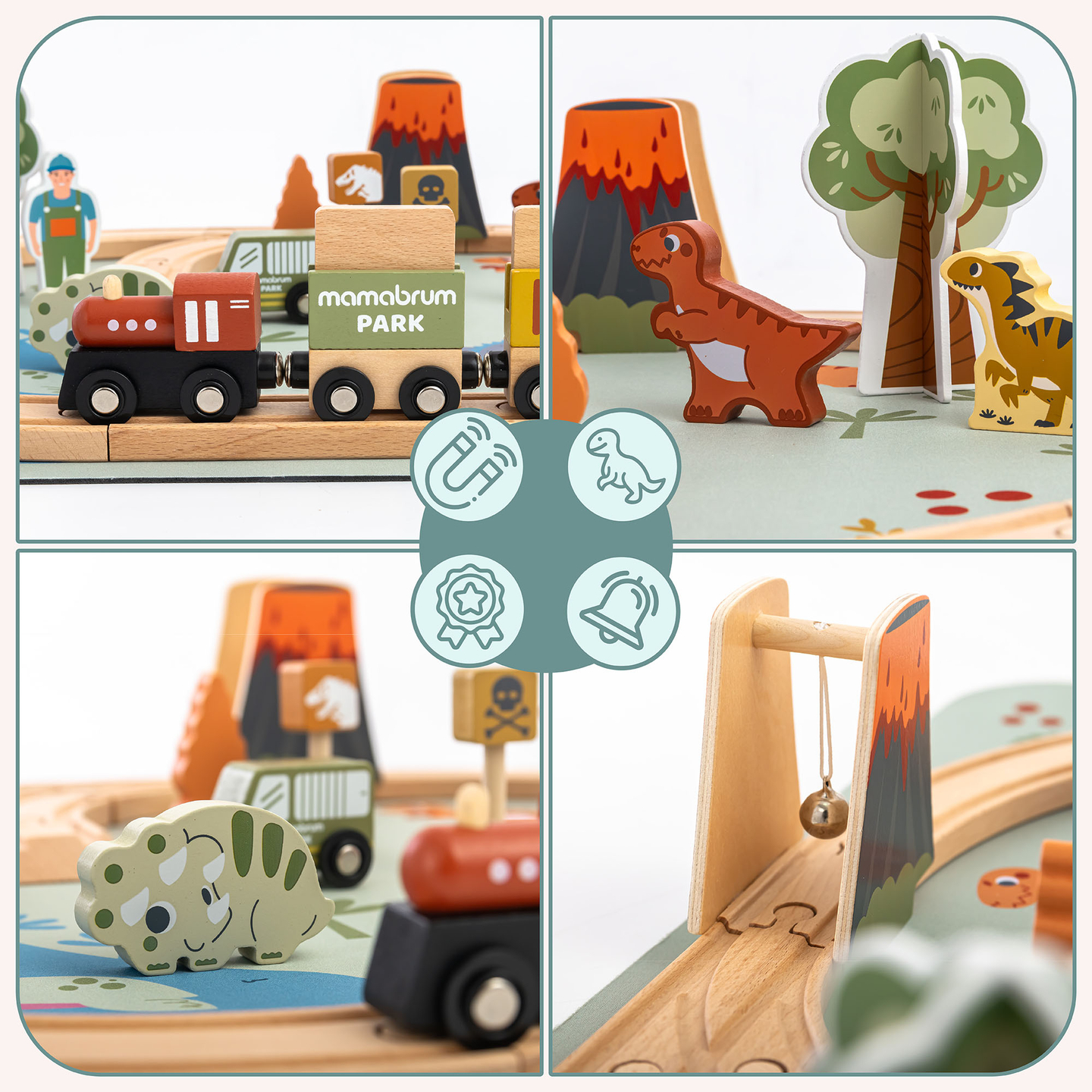 Drevený vláčik Dino Park s protišmykovou podložkou - dinosaury, vláčik, koľajnice, sopka, zvonček