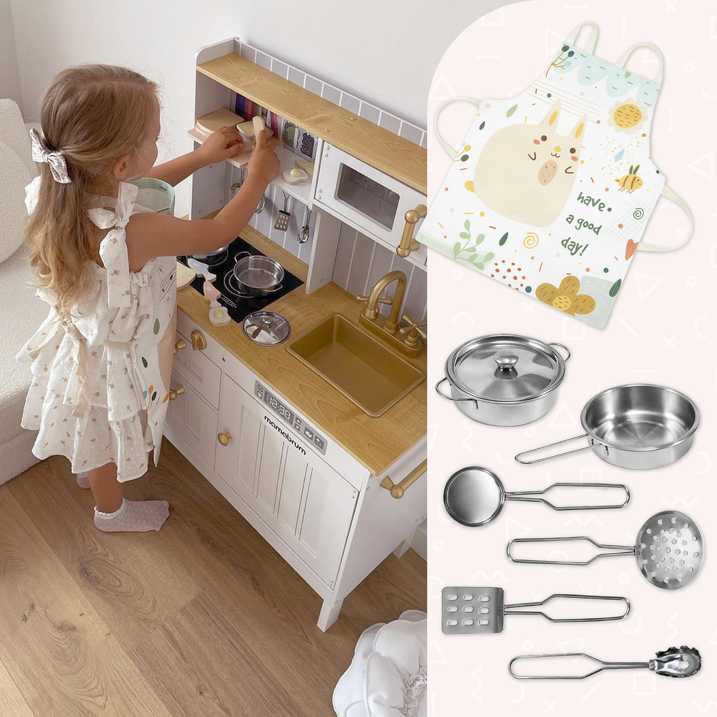 Drevená biela kuchyňa s príslušenstvom a zásterou