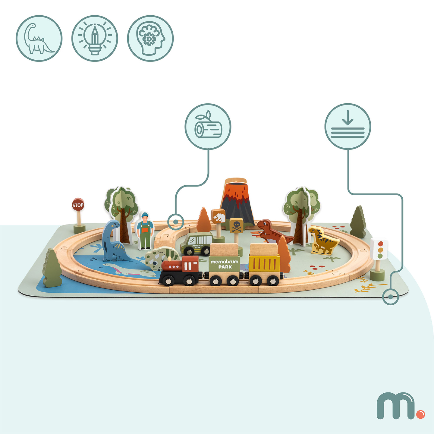 Drevený vláčik Dino Park s protišmykovou podložkou - dinosaury, vláčik, koľajnice, sopka, zvonček