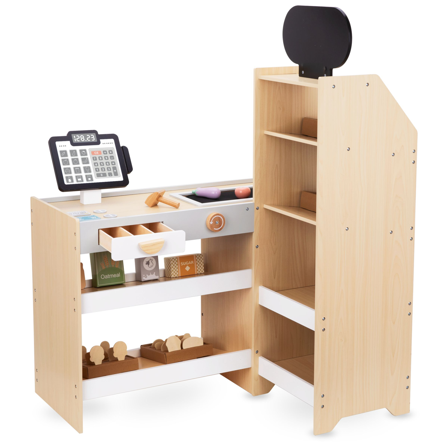 Drevený zeleninový trh - veľký XXL stánok, obchod s hracou pokladňou