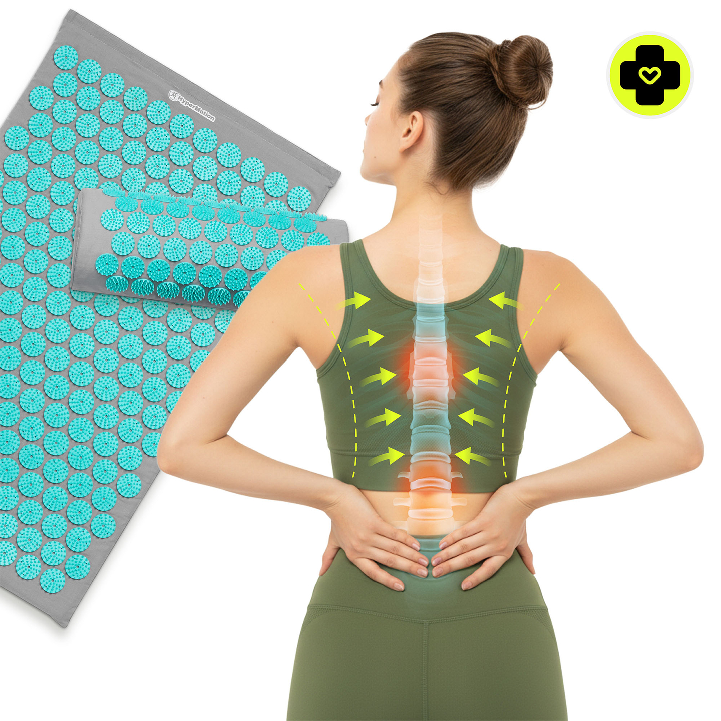 Akupresúrna podložka s vankúšom a poťahom - 72 cm HyperMotion sivo-mätová