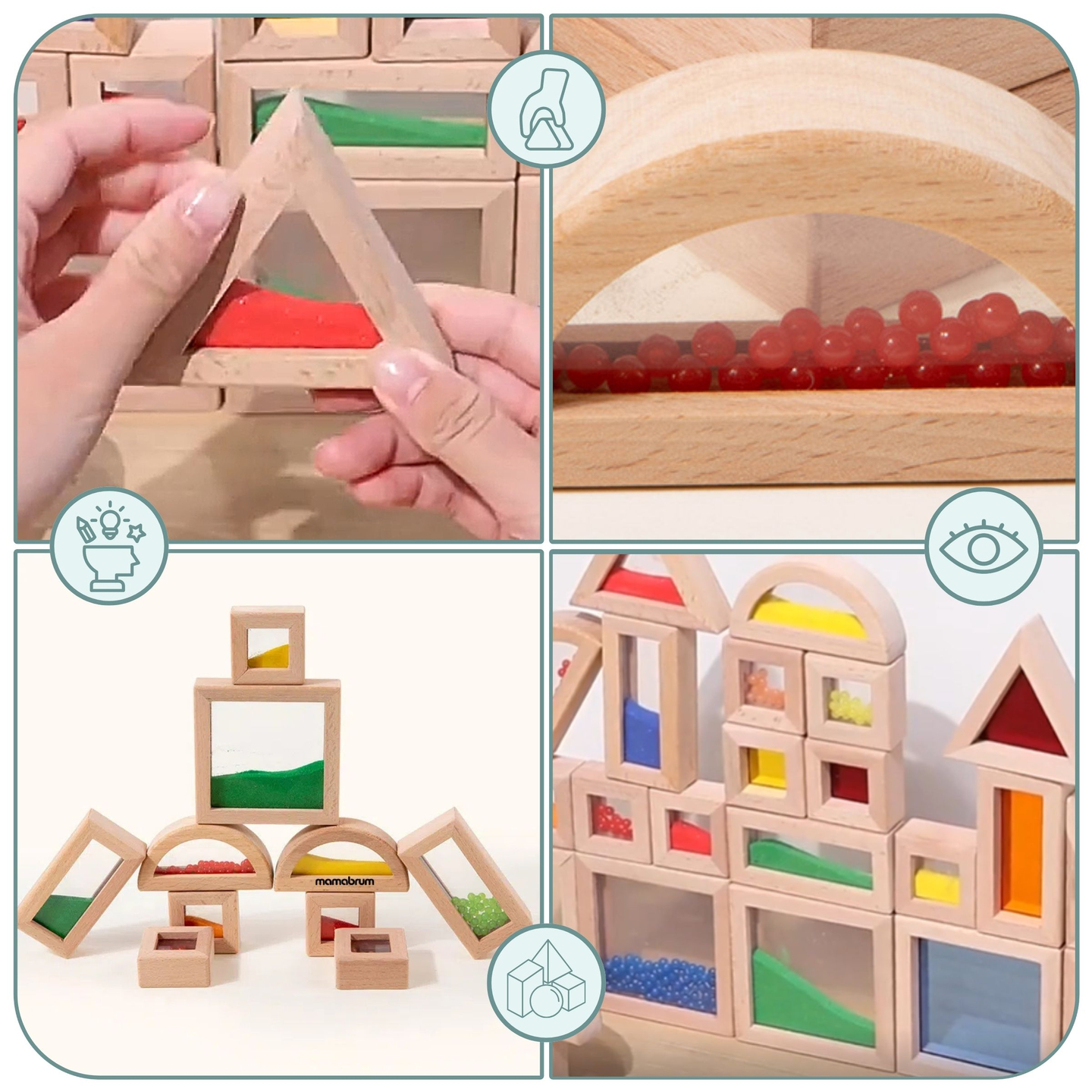 Sada drevených senzorických blokov s rôznymi náplňami - 15 kusov