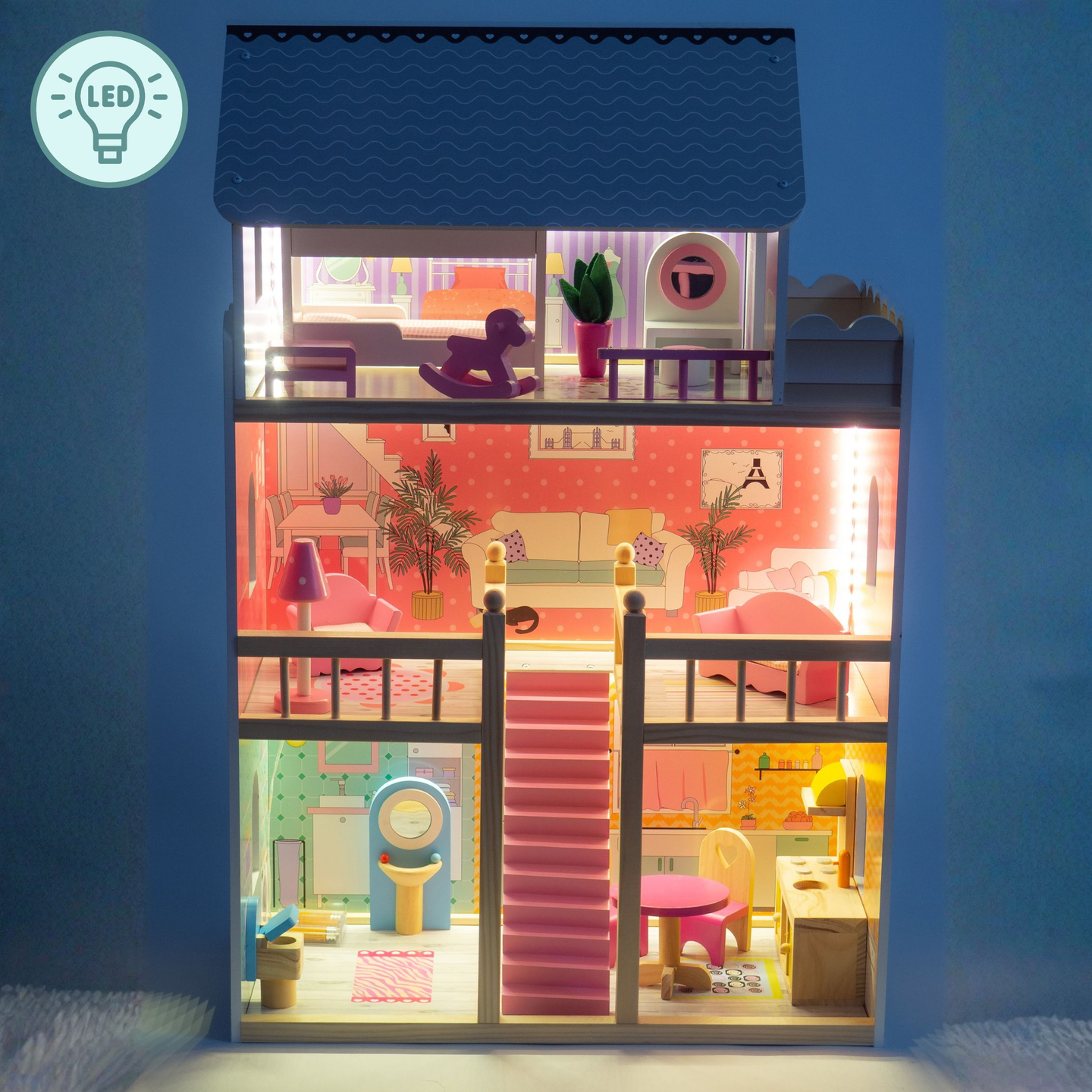 Veľký drevený 3-poschodový domček pre bábiky s terasou, nábytkom a LED osvetlením!
