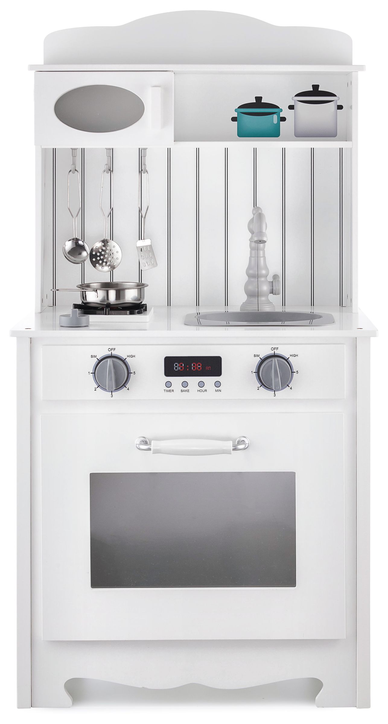 Biela drevená kuchyňa so zásterou, doplnkami a LED lampou