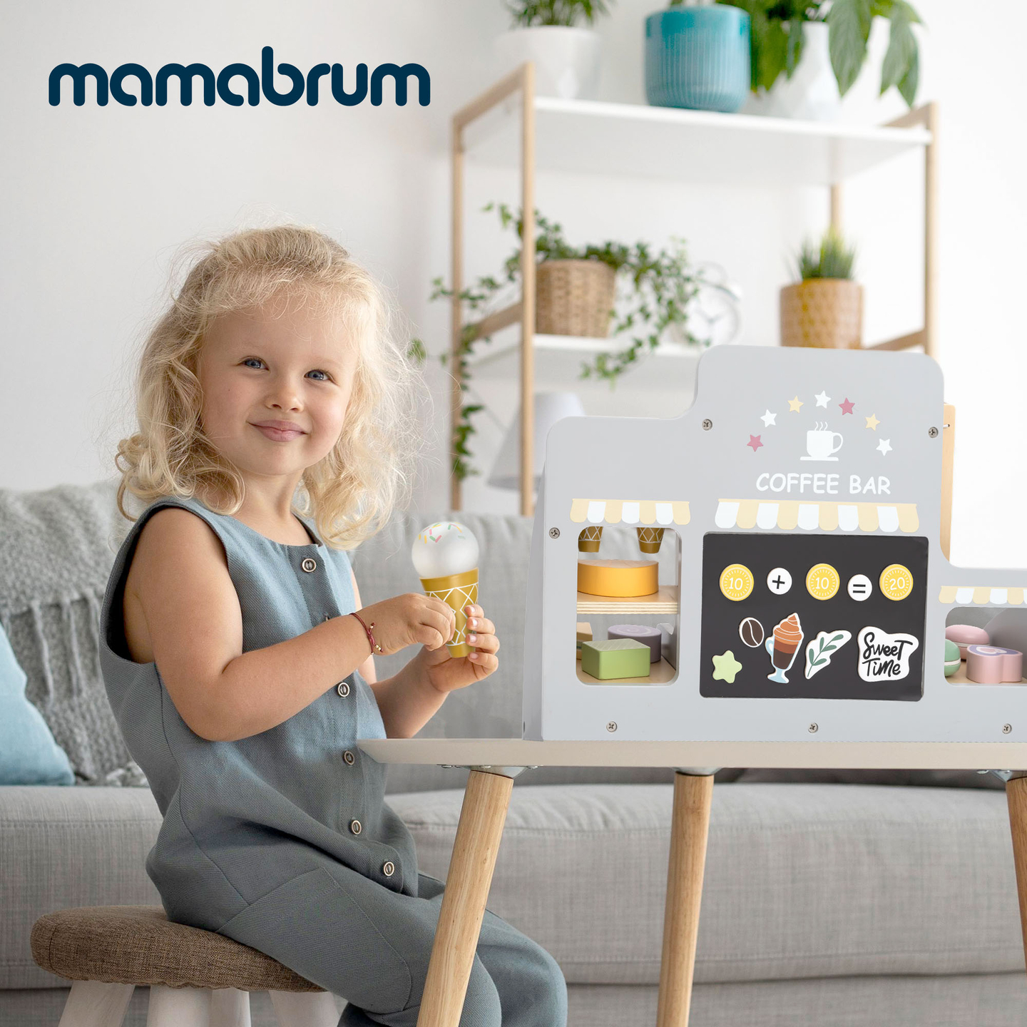 Veľká drevená zmrzlináreň s magnetickou tabuľou, kávovarom a sadou na zmrzlinu a zákusky - viac ako 70 dielikov!