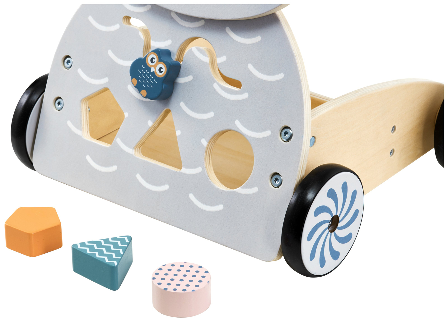 Drevené multifunkčné chodítko - odrážadlo - kočík s blokmi - Sova
