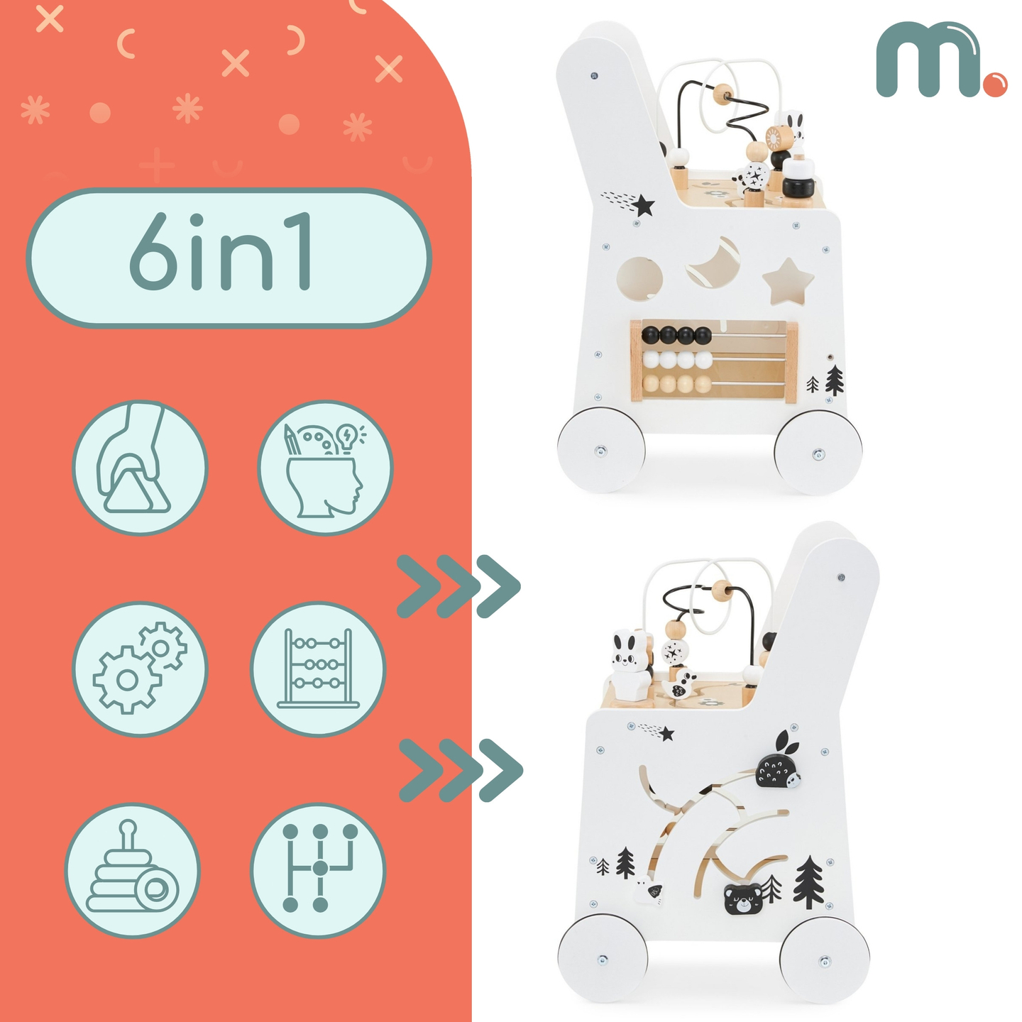 Drevený kočík 6v1, chodítko s funkciou učebného stola