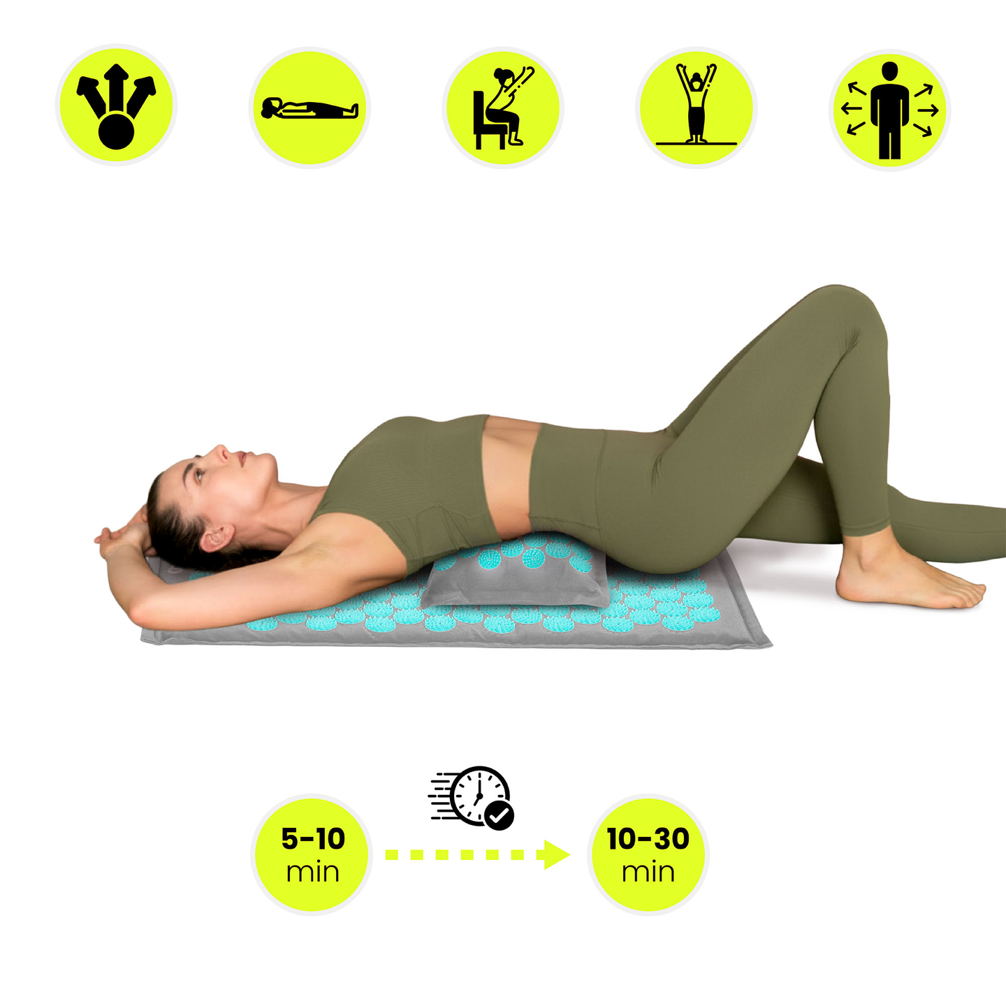 EKO ľanová akupresúrna podložka s kokosovým vláknom a pohánkovým vankúšom – 68 cm HyperMotion sivo-mätová