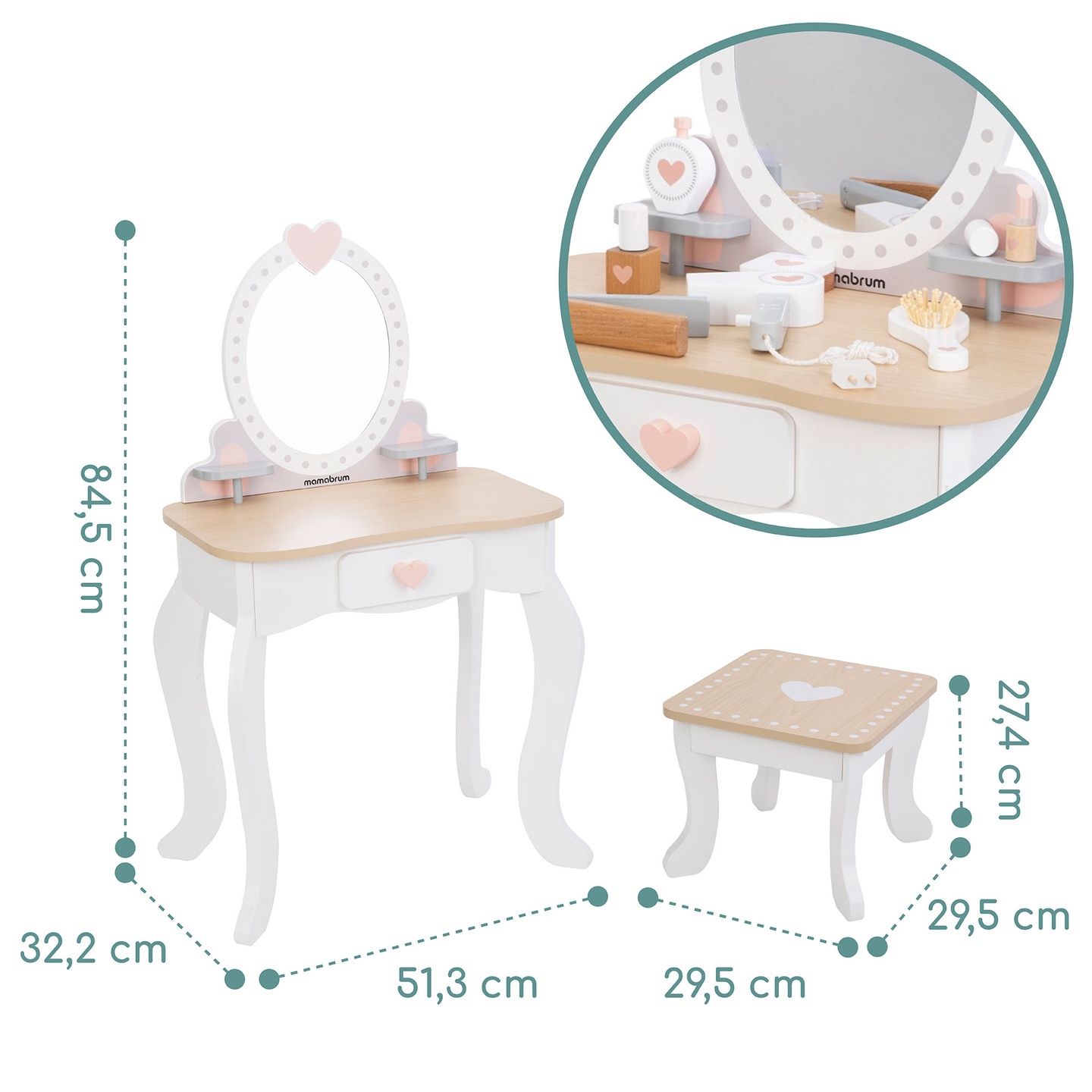 Drevený toaletný stolík so stoličkou a príslušenstvom