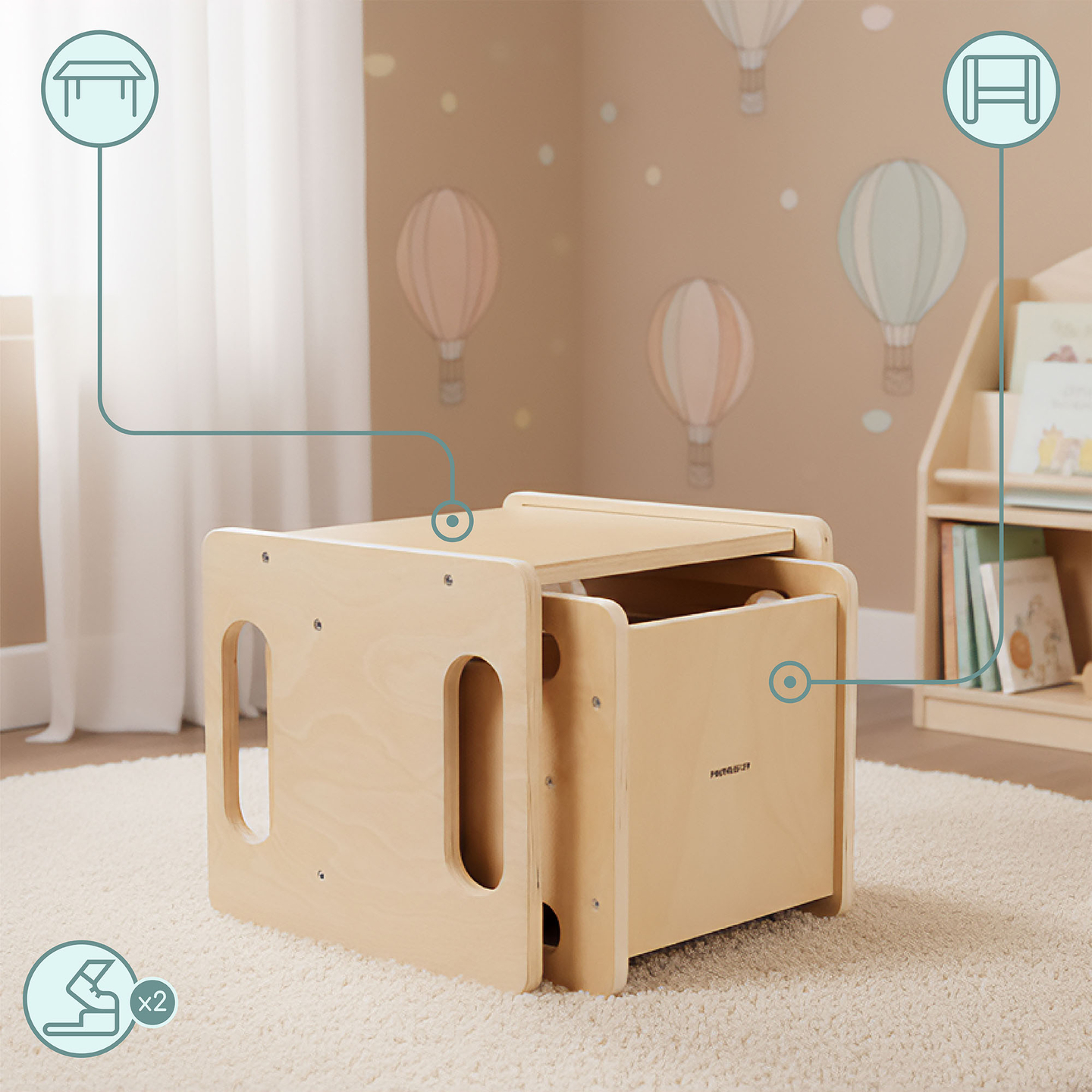 Drevený stôl a stolička s funkciou nášľapného mostíka – multifunkčná Montessori sada pre deti