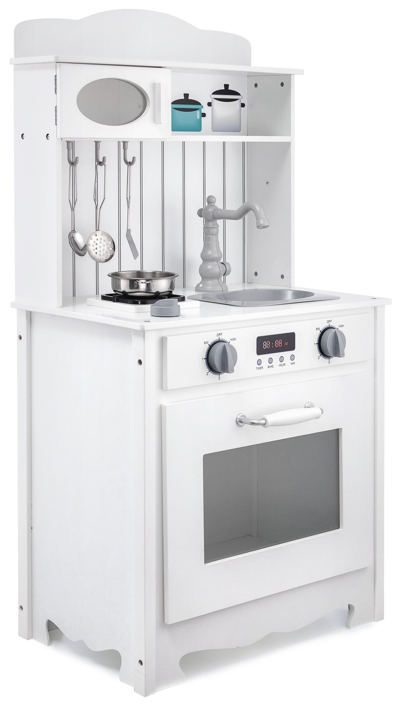 Biela drevená kuchyňa so zásterou, doplnkami a LED lampou