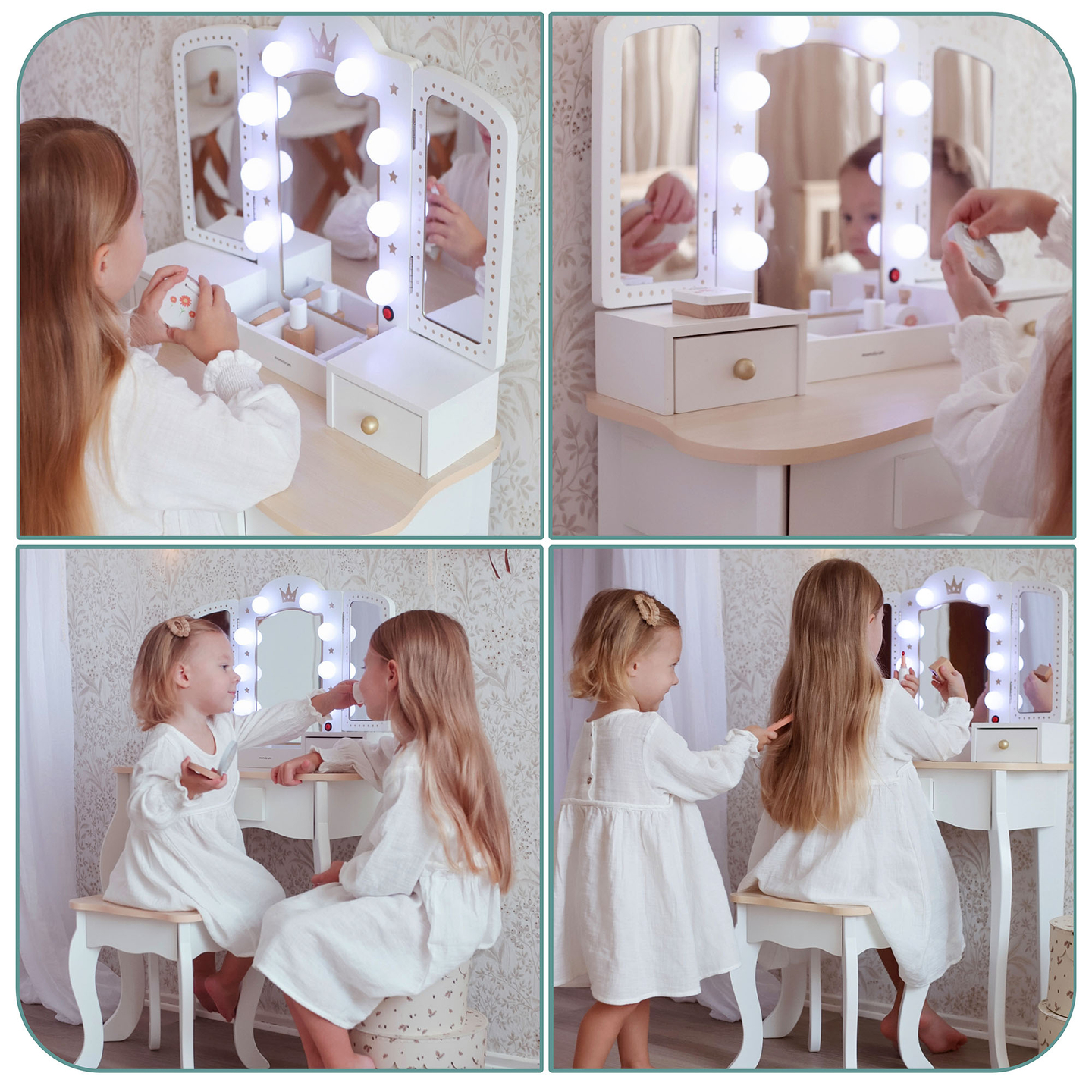 XXL drevený toaletný stolík so stoličkou a LED osvetlením pre deti + príslušenstvo