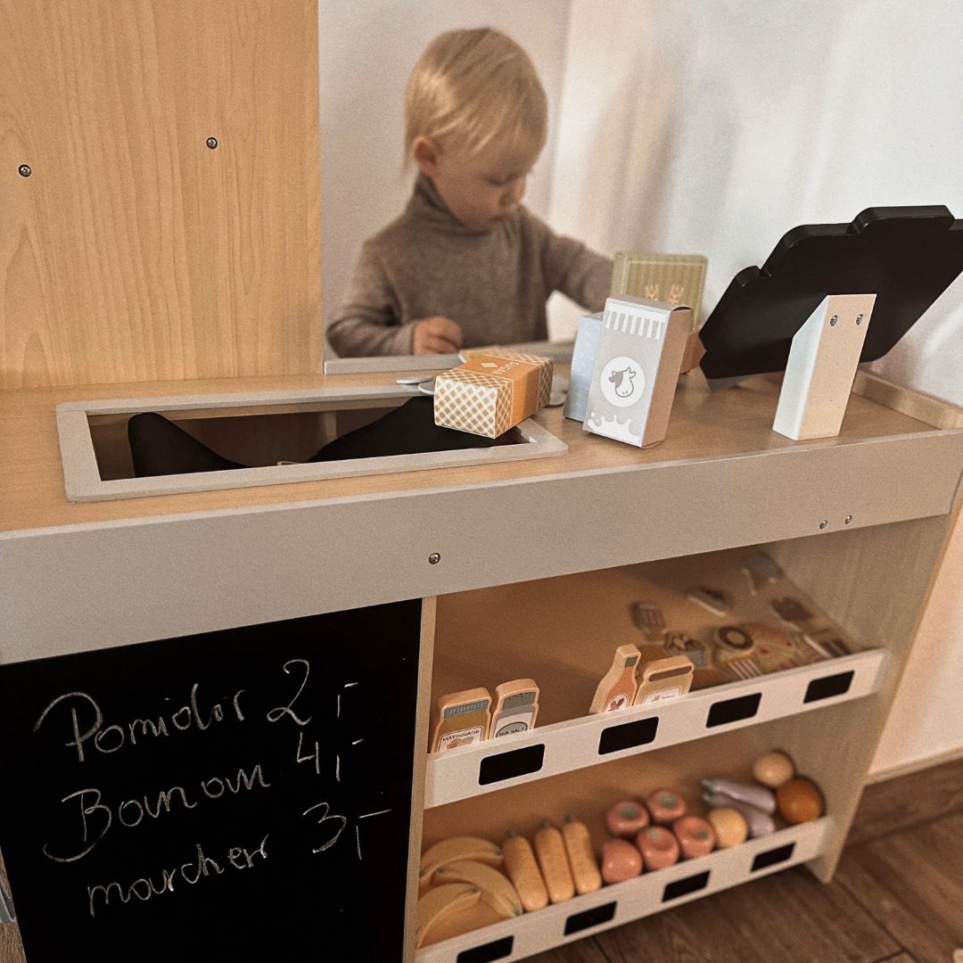 Drevený zeleninový trh - veľký XXL stánok, obchod s hracou pokladňou