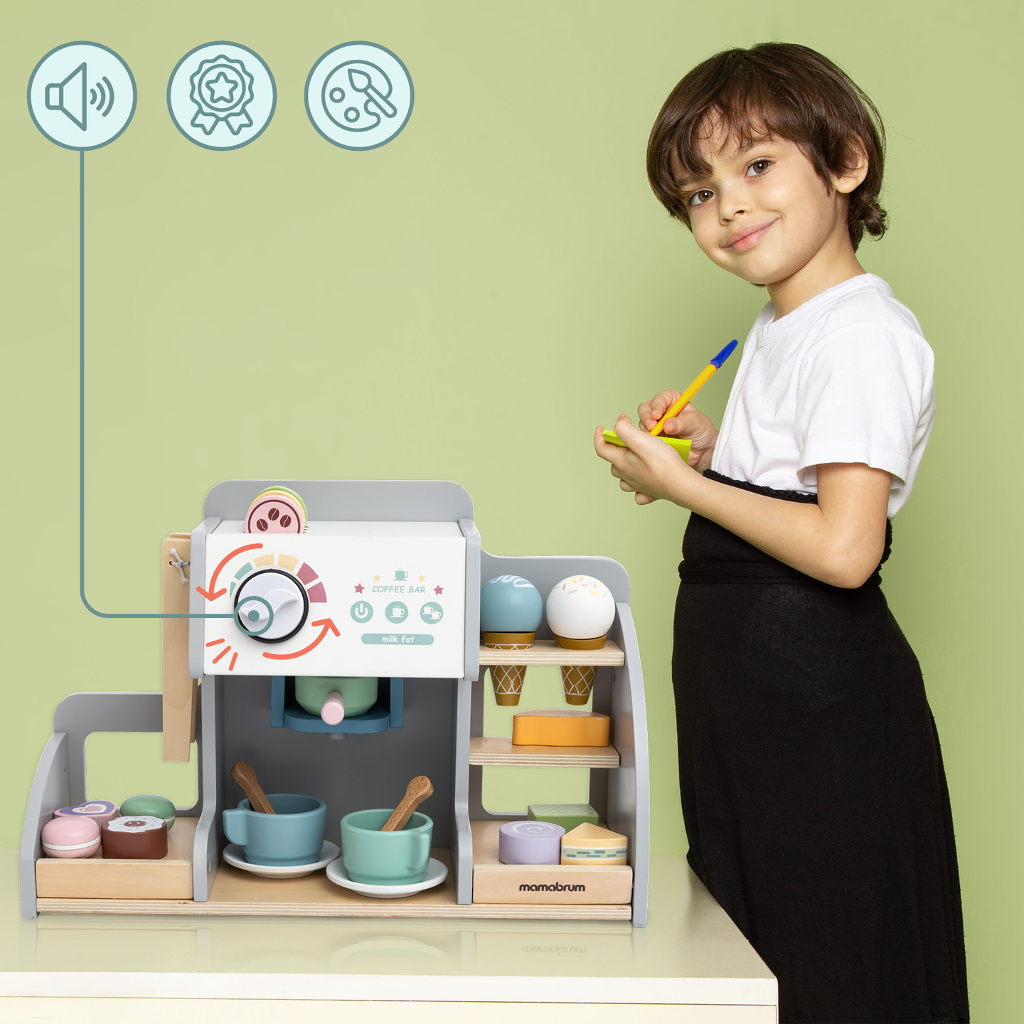 Veľká drevená zmrzlináreň s magnetickou tabuľou, kávovarom a sadou na zmrzlinu a zákusky - viac ako 70 dielikov!