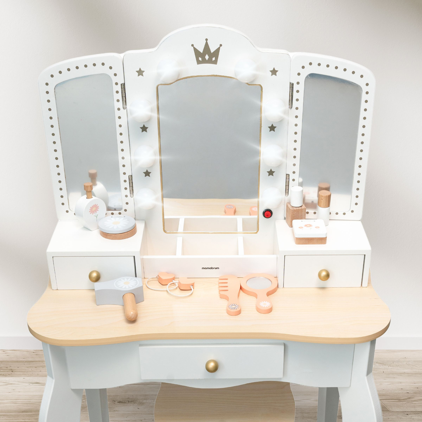 XXL drevený toaletný stolík so stoličkou a LED osvetlením pre deti + príslušenstvo