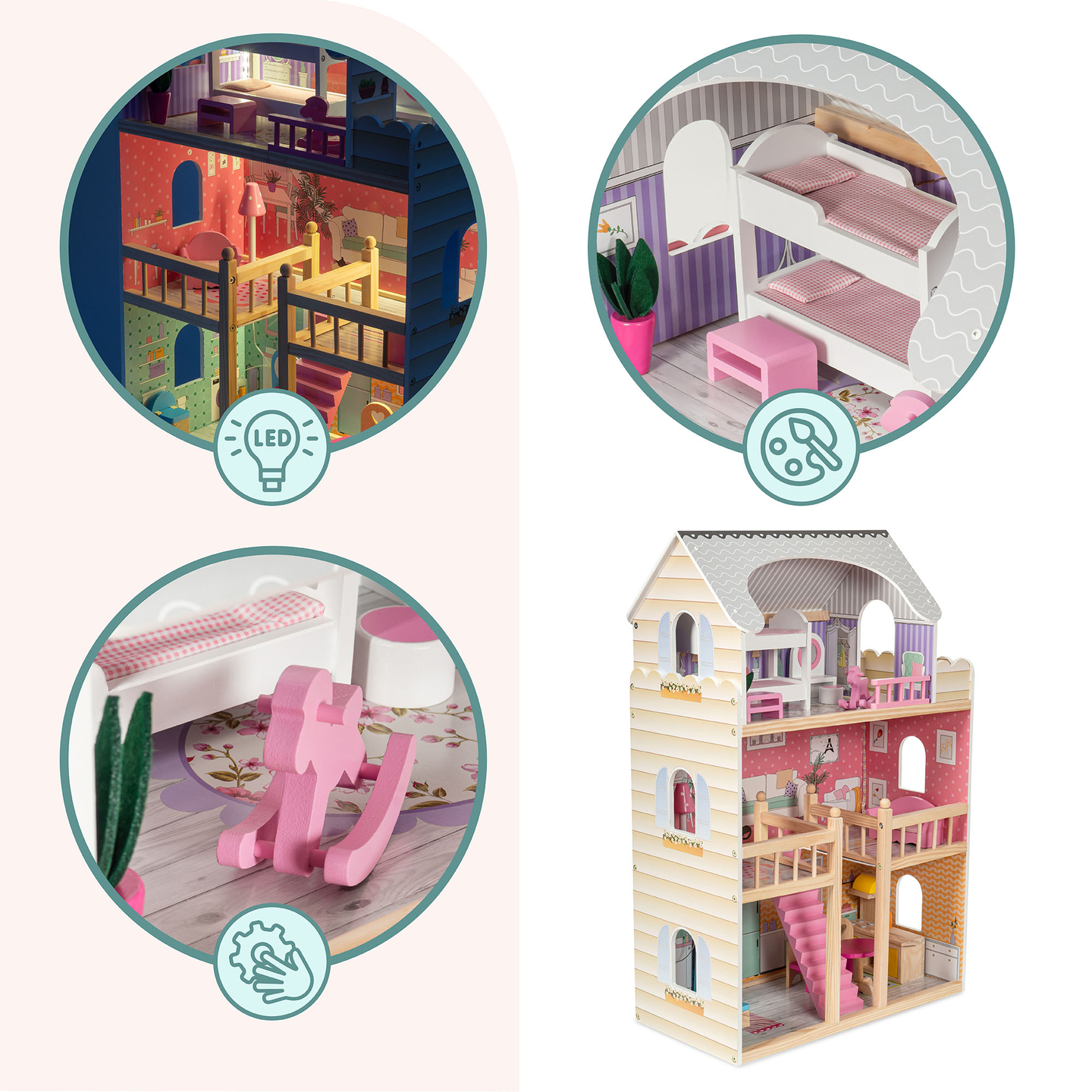 Veľký drevený 3-poschodový domček pre bábiky s terasou, nábytkom a LED osvetlením!