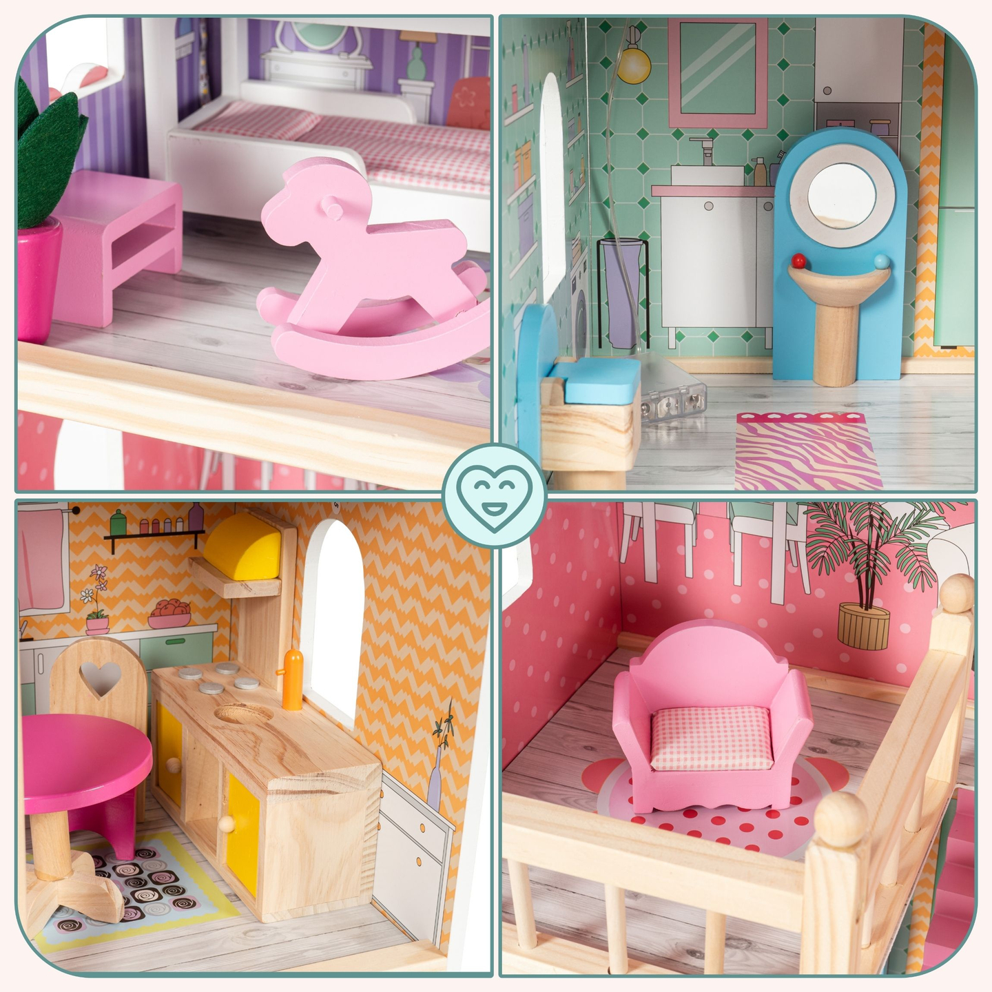 Veľký drevený 3-poschodový domček pre bábiky s terasou, nábytkom a LED osvetlením!