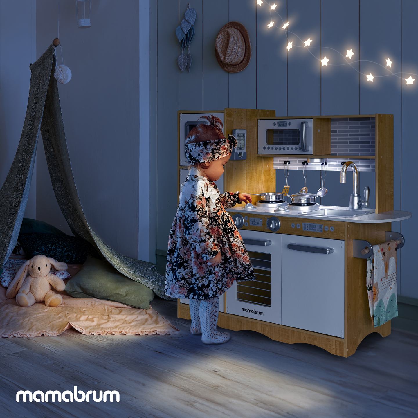 Drevená kuchyňa XXL s LED osvetlením, zásterou a príslušenstvom