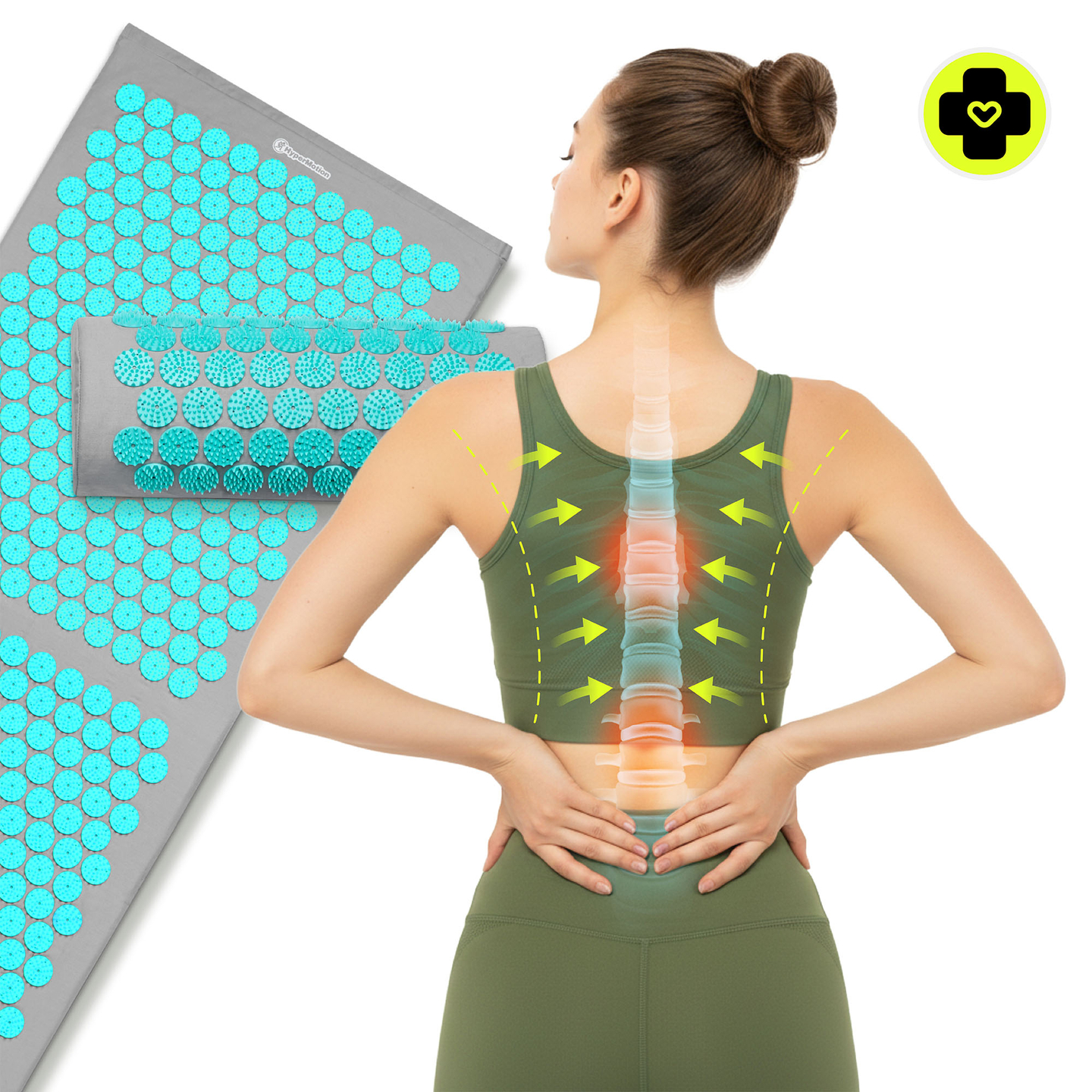 Veľká akupresúrna podložka s vankúšom a poťahom - 130 cm HyperMotion sivo-mätová