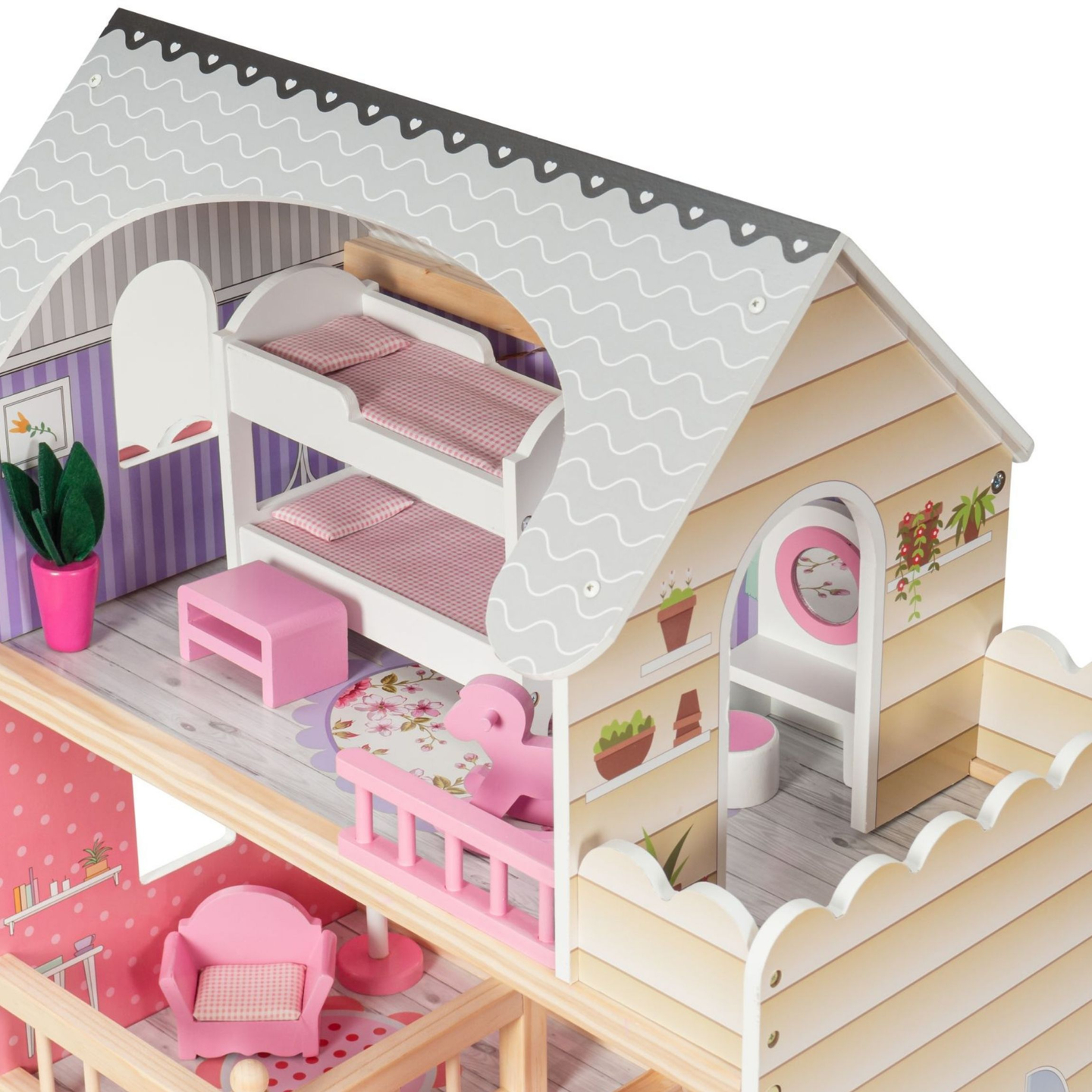 Veľký drevený 3-poschodový domček pre bábiky s terasou, nábytkom a LED osvetlením!