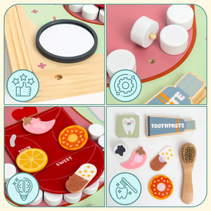 Drevená Montessori vzdelávacia tabuľa Malý zubár - zubná kefka, pasta, vyberateľné zuby, zrkadlo, jedlo, učebné príchute