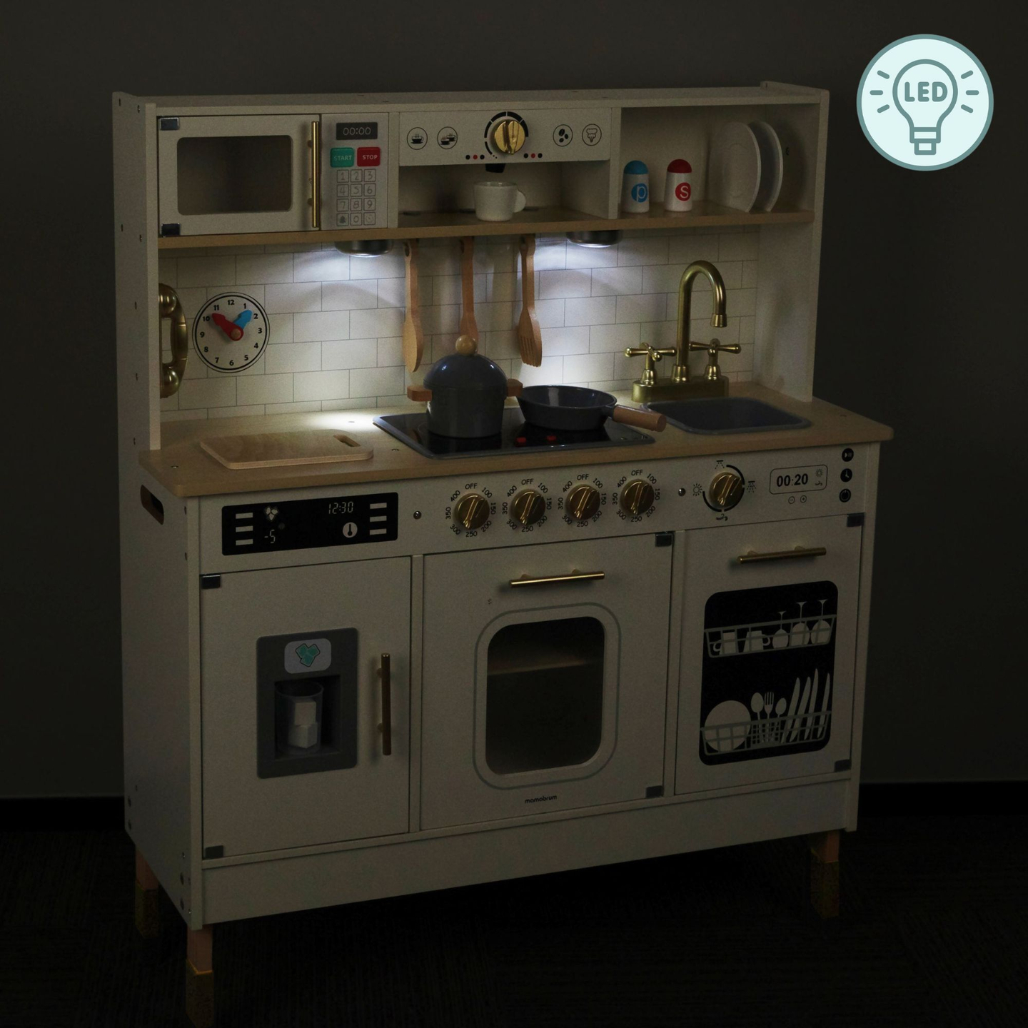 Interaktívna XXL drevená kuchyňa s doplnkami a LED osvetlením - dvojúrovňová