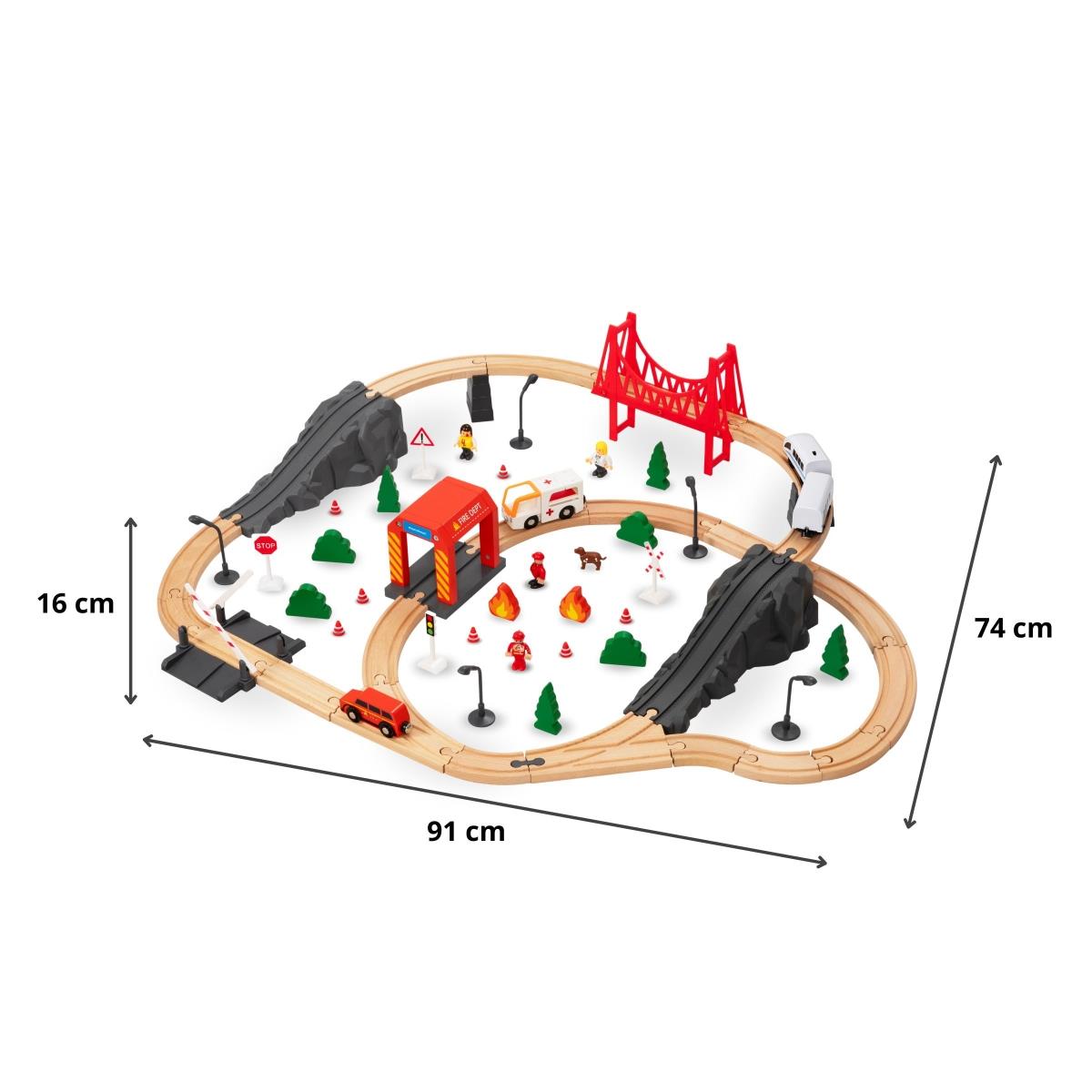Drevená železnica, vláčik na batérie - Hasiči, koľaje, autá, mosty, závora