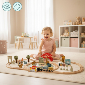 Drevený vláčik do zoo – puzzle, vláčik, koľajnice, zvieratá, most, závora