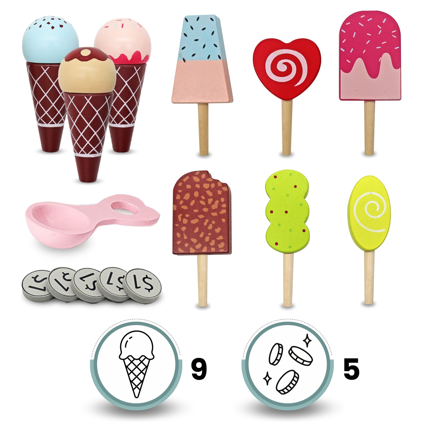 Drevená zmrzlináreň pre deti - vozík na kolieskach s príslušenstvom