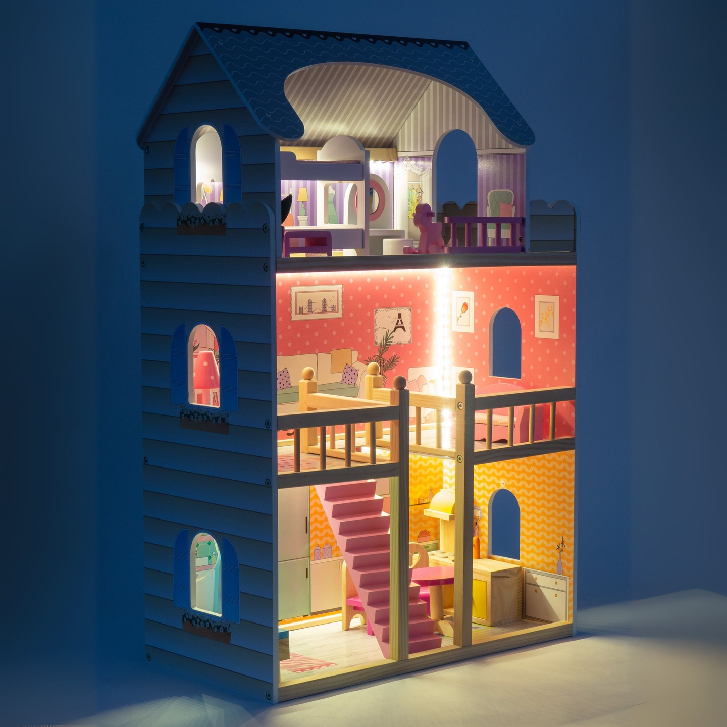 Veľký drevený 3-poschodový domček pre bábiky s terasou, nábytkom a LED osvetlením!