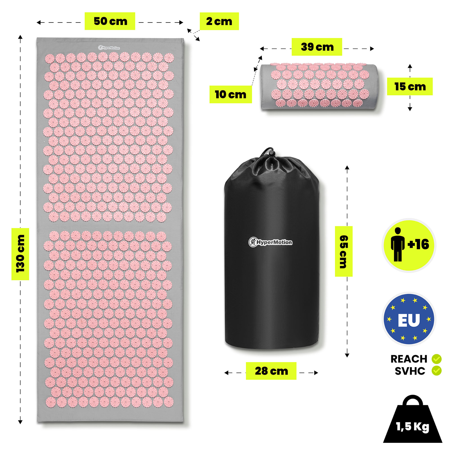 Veľká akupresúrna podložka s vankúšom a poťahom - 130 cm HyperMotion sivá a ružová
