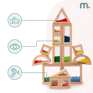 Sada drevených senzorických blokov s rôznymi náplňami - 15 kusov