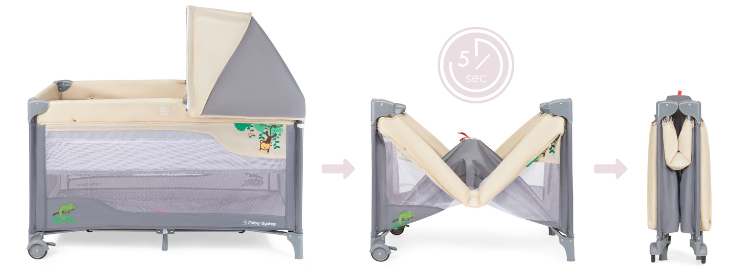 Cestovná postieľka 0 - 36 m s prebaľovacím pultom + ohrádka Moby-System HUXLEY