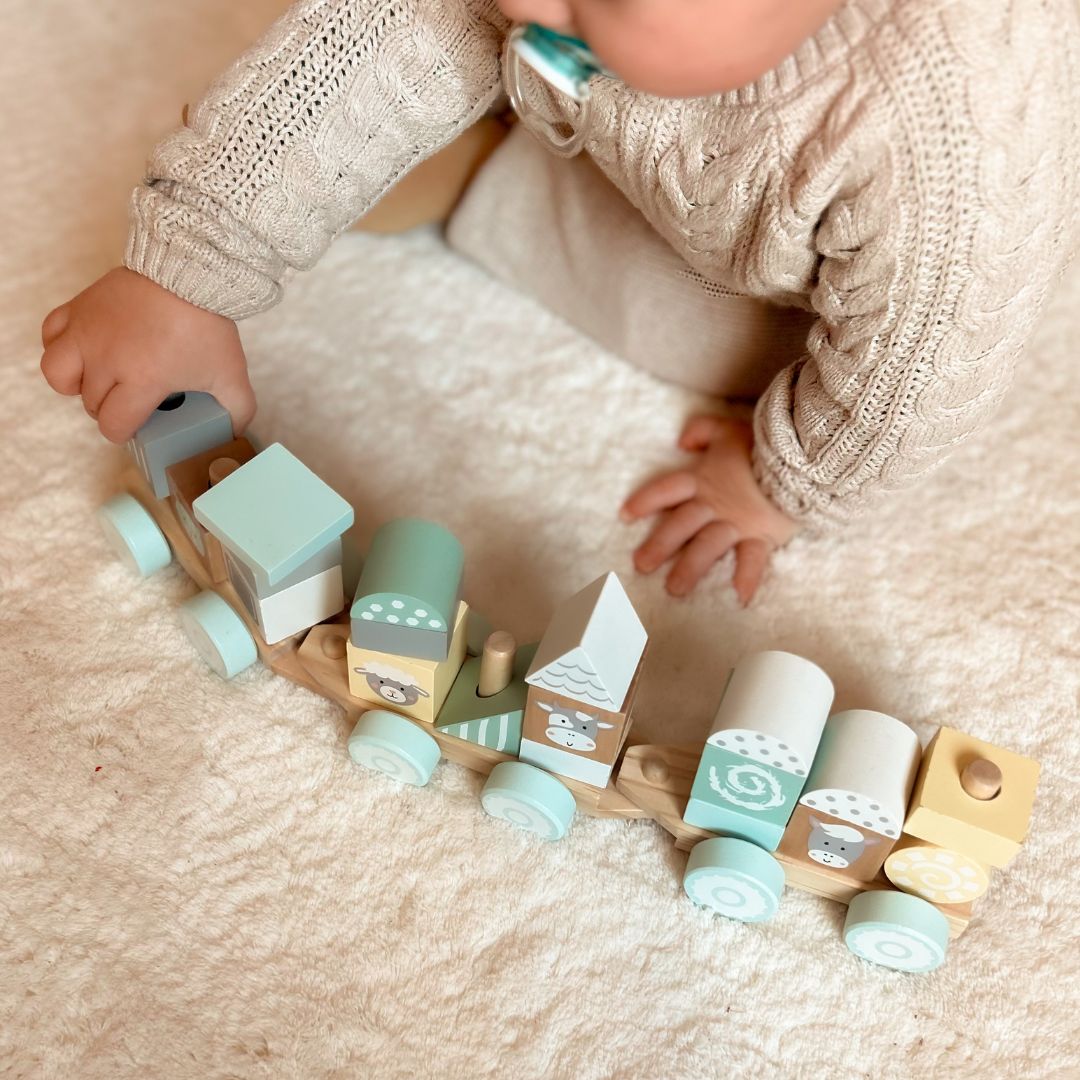 Drevený vlak s blokmi pre chlapca - Farma