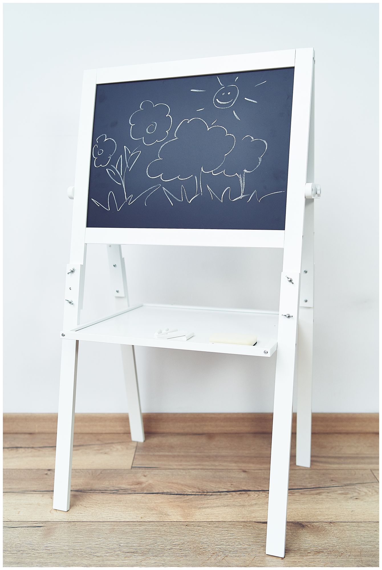 Vzdelávacia obojstranná tabuľa: magnetická a kriedová - suché utieranie, drevená, pre deti, skladacia