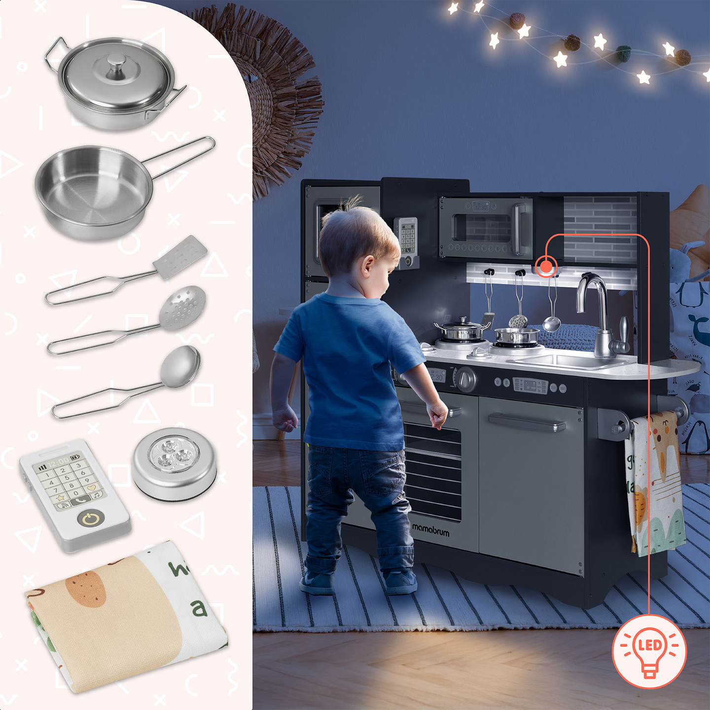 Drevená kuchyňa XXL s LED osvetlením, zásterou a príslušenstvom