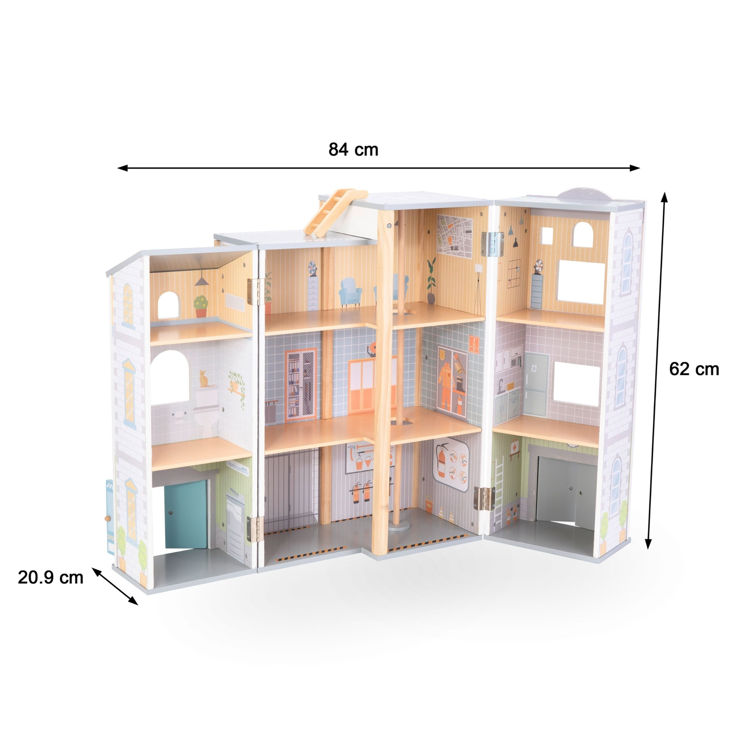 Veľká skladacia hasičská stanica s policajnou stanicou - drevená súprava. Hasičská stanica a policajná stanica s príslušenstvom.