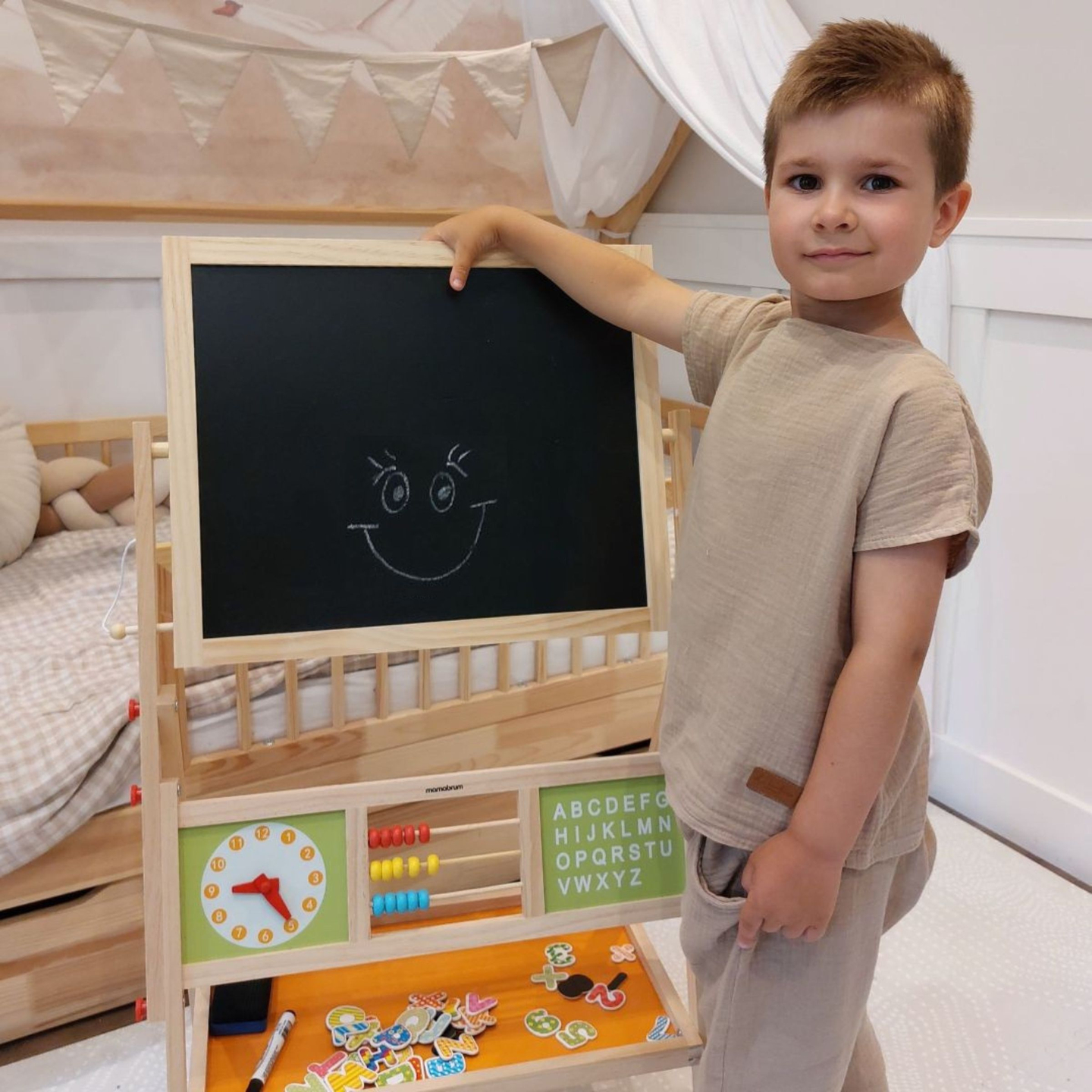 Veľká vzdelávacia obojstranná tabuľa: magnetická a kriedová - tabuľa na vymazávanie za sucha, drevená