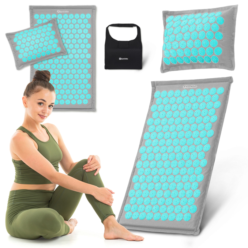 EKO ľanová akupresúrna podložka s kokosovým vláknom a pohánkovým vankúšom – 68 cm HyperMotion sivo-mätová