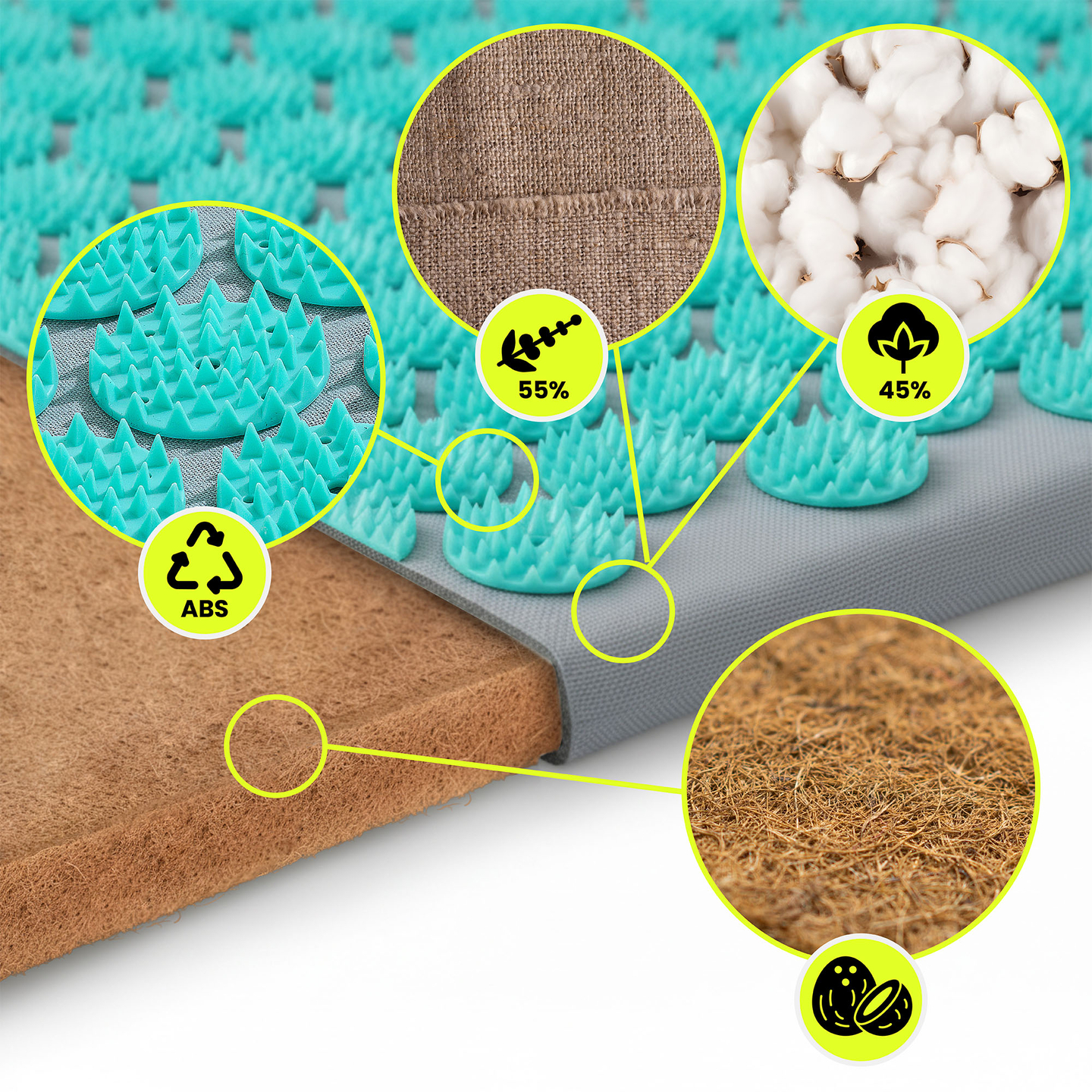 EKO ľanová akupresúrna podložka s kokosovým vláknom a pohánkovým vankúšom – 68 cm HyperMotion sivo-mätová