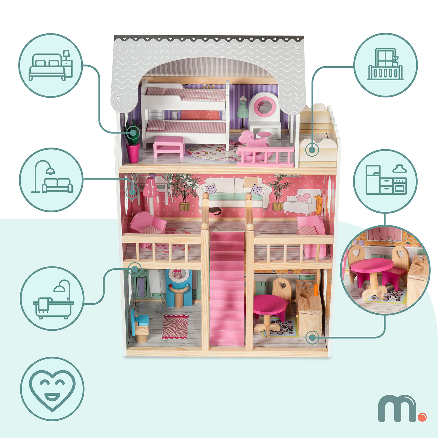 Veľký drevený 3-poschodový domček pre bábiky s terasou, nábytkom a LED osvetlením!