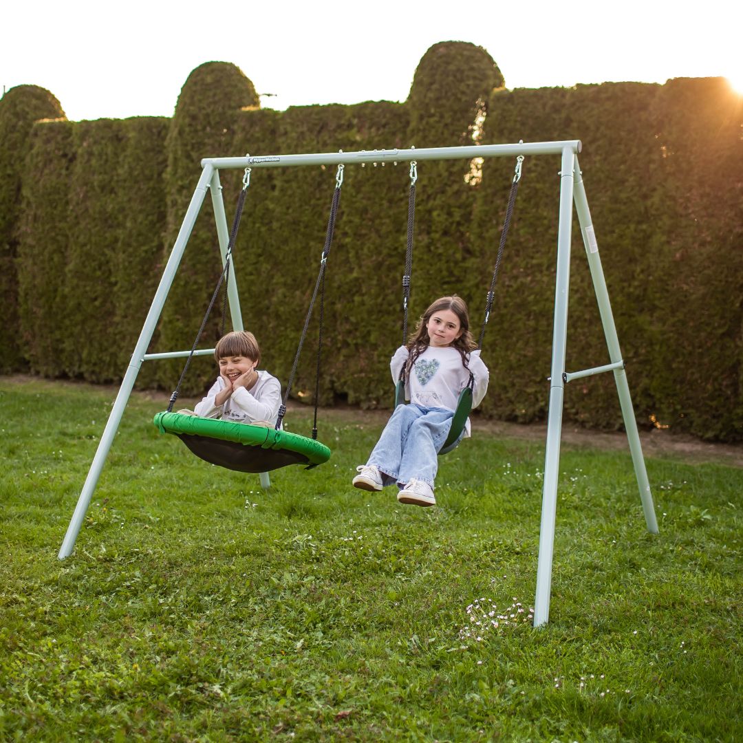 Dvojitá záhradná hojdačka s rámom a lanami - sedák a bocianie hniezdo