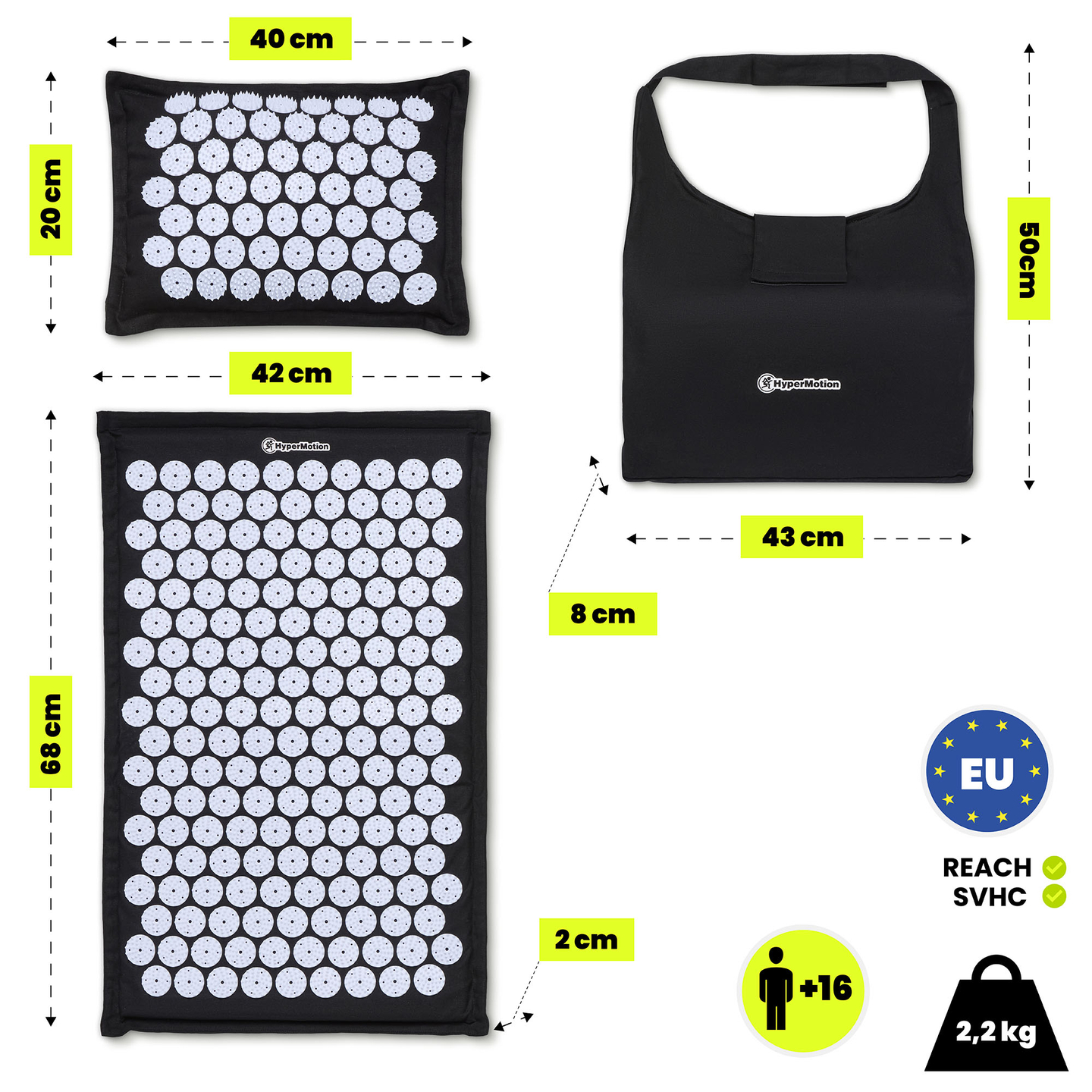 EKO ľanová akupresúrna podložka s kokosovým vláknom a pohánkovým vankúšom – 68 cm HyperMotion čiernobiela