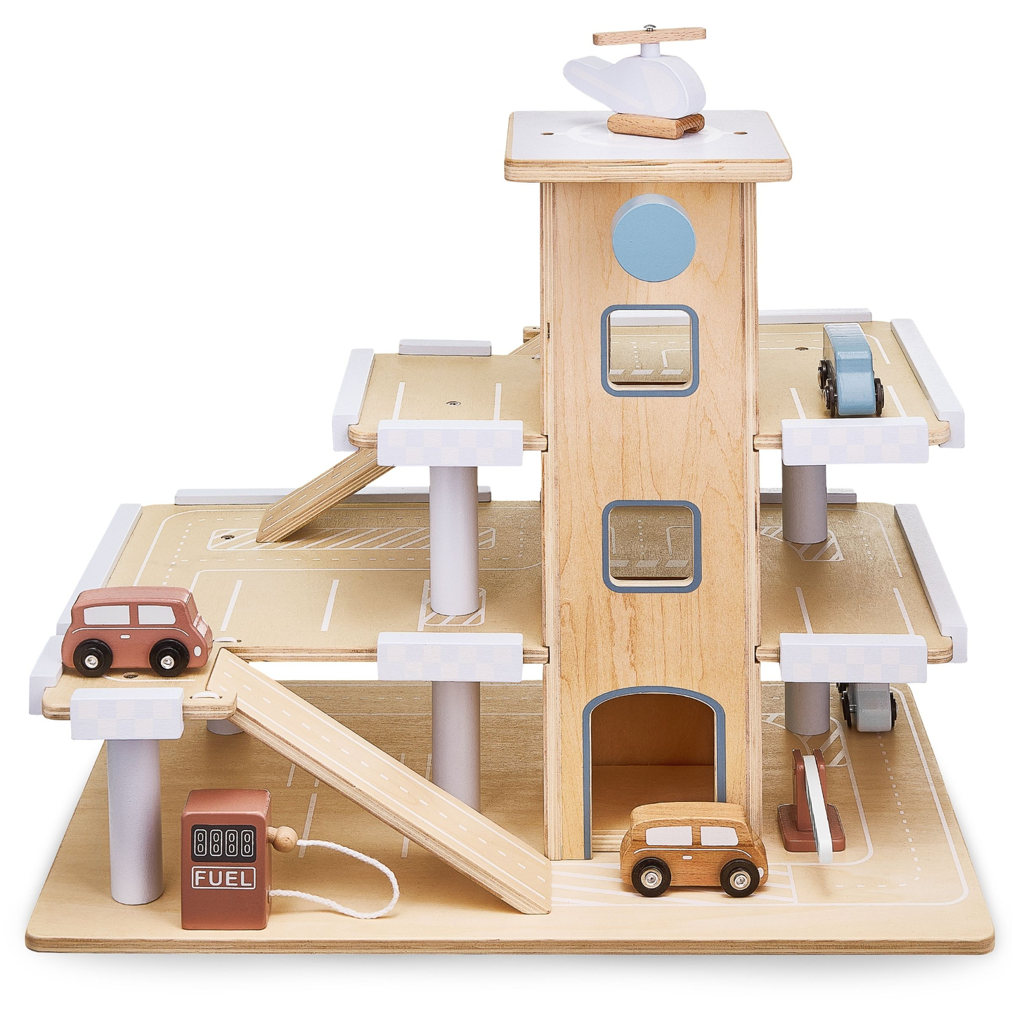 Drevené trojpodlažné parkovisko s výťahom - garáž s autami a vrtuľníkom