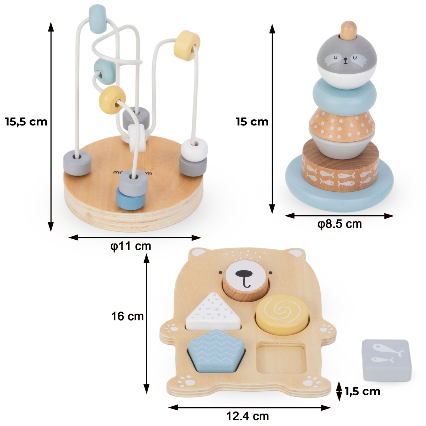 Súprava drevených hračiek - farebné prepletanie, pyramída z tuleňov, triedička medvedíkov